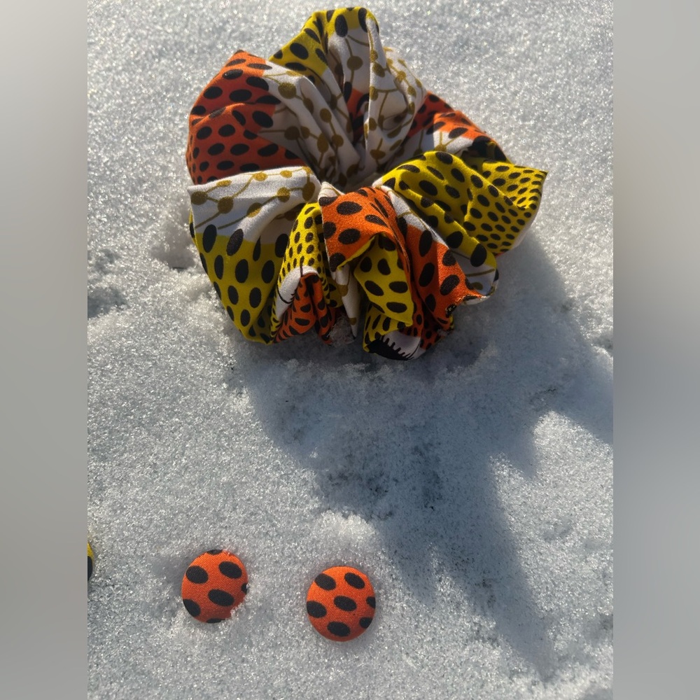 Handmade Ankara fabric Scrunchie and button earrings set Orange, Yellow, Brown